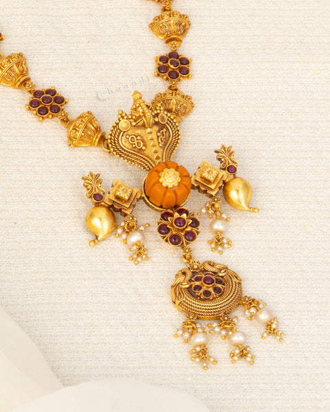 Antique Gold Polish Long Necklace With Coral Center Motif And Kemp Ruby Floral Motifs