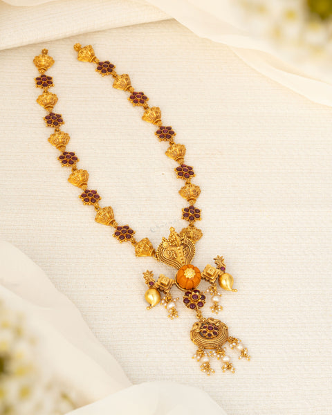 Antique Gold Polish Long Necklace With Coral Center Motif And Kemp Ruby Floral Motifs
