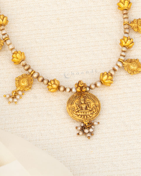 Antique Gold Polish Threaded Necklace With Lakshmi Coin Pendant, Nakash Beads And Pearls