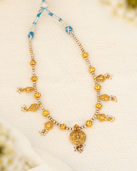 Antique Gold Polish Threaded Necklace With Lakshmi Coin Pendant, Nakash Beads And Pearls