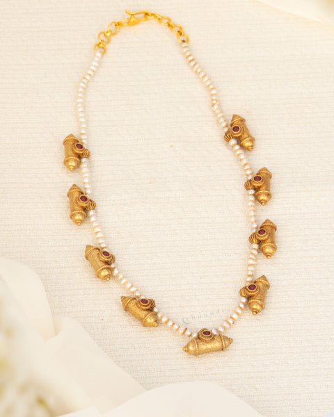 Antique Gold Taweez And Pearl Bead Necklace With Red Kemp Stones