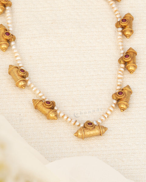 Antique Gold Taweez And Pearl Bead Necklace With Red Kemp Stones