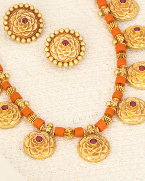 Antique Gold Polish Necklace With Flower Motifs Gold And Coral Beads With Earrings