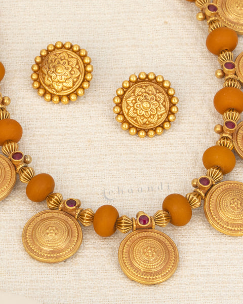 Antique Gold Polish Coin And Coral Bead Necklace With Earrings
