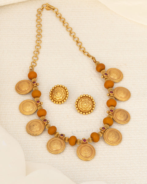 Antique Gold Polish Coin And Coral Bead Necklace With Earrings