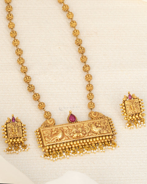 Antique Gold Polish Peacock Motif Nakshi Long Necklace With Earrings