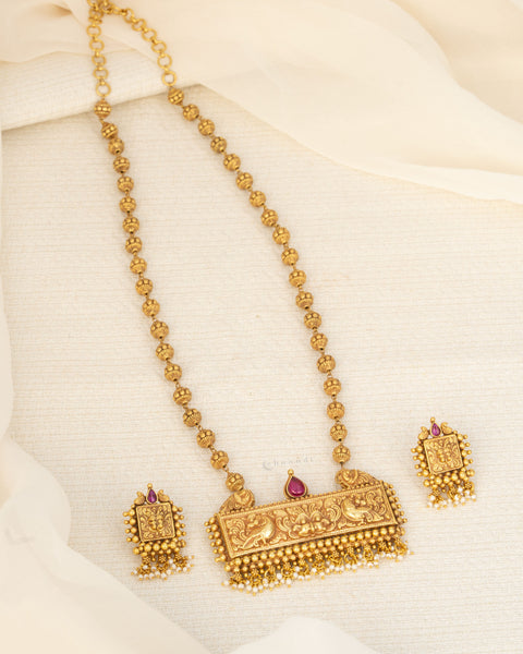 Antique Gold Polish Peacock Motif Nakshi Long Necklace With Earrings