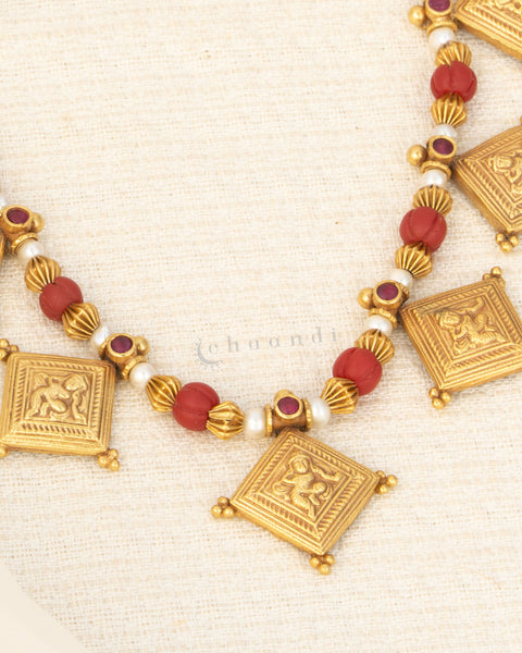 Antique Gold Polish Necklace With Coral And Pearl Beads