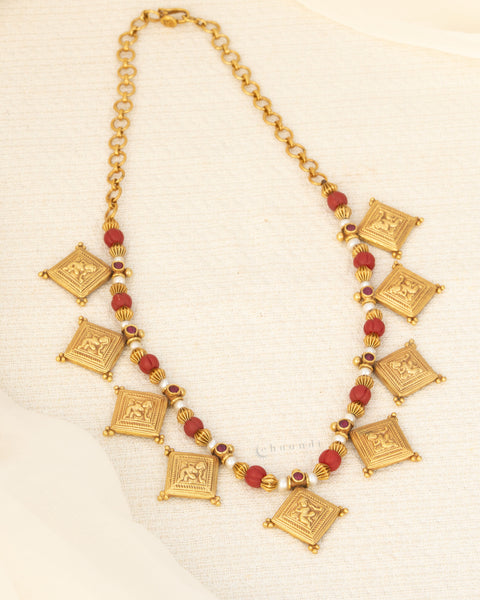 Antique Gold Polish Necklace With Coral And Pearl Beads