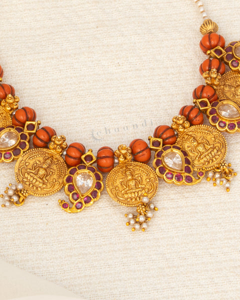 Antique Gold polish Lakshmi Coin With Coral Beads And Kemp Ruby Mango Motif Necklace
