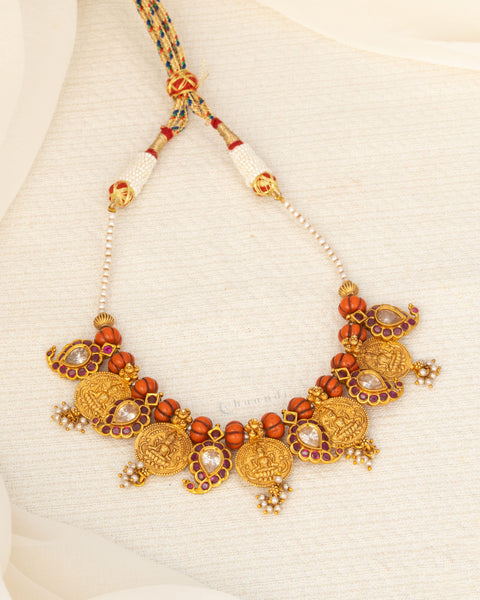 Antique Gold polish Lakshmi Coin With Coral Beads And Kemp Ruby Mango Motif Necklace