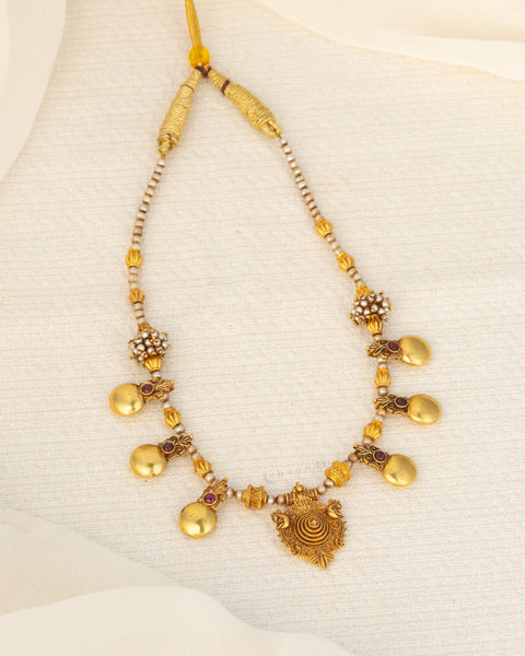 Antique Gold Polish Threaded Necklace With Gold Disc Shaped Motifs And Pearl Clusters