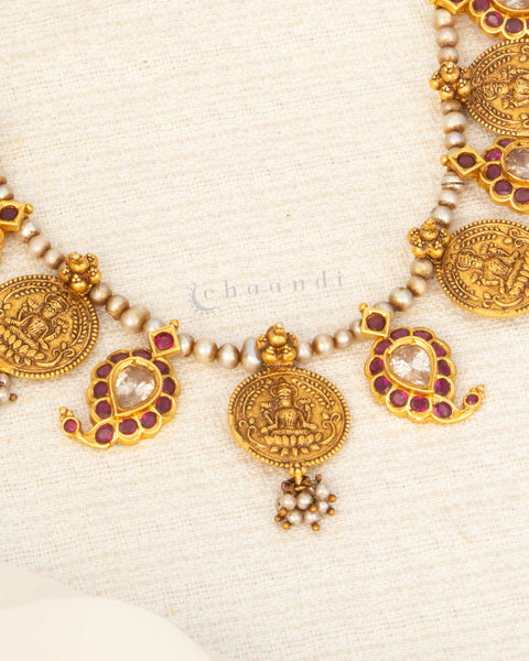 Antique Gold Polish Threaded Necklace With Multiple Kemp Ruby Mango Motifs, Lakshmi Coins And Pearls