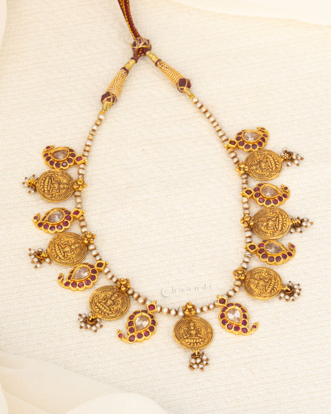 Antique Gold Polish Threaded Necklace With Multiple Kemp Ruby Mango Motifs, Lakshmi Coins And Pearls