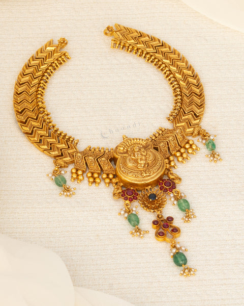 Antique Gold Polish Temple Motif Chevron Style Short Necklace
