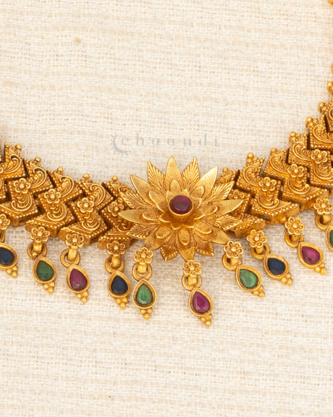 Antique Gold Polish Multicolour Chevron Style Choker/Short Necklace With Lotus Motif