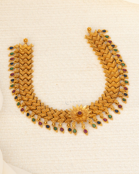 Antique Gold Polish Multicolour Chevron Style Choker/Short Necklace With Lotus Motif