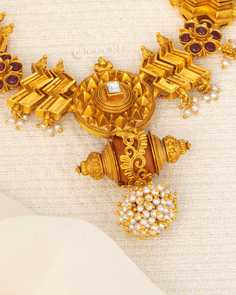 Antique Gold Polish Chevron Style Necklace With Kemp Ruby Floral Motifs, Coral And Pearl Bunch Drop
