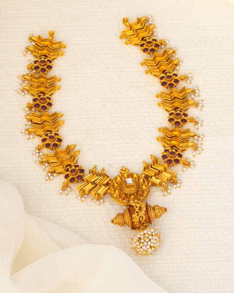 Antique Gold Polish Chevron Style Necklace With Kemp Ruby Floral Motifs, Coral And Pearl Bunch Drop