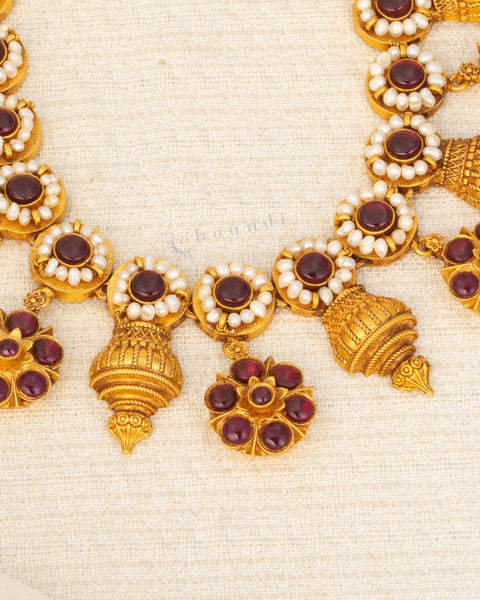 Antique Gold Polish Kemp Ruby And Pearl Floral Temple Motif Necklace