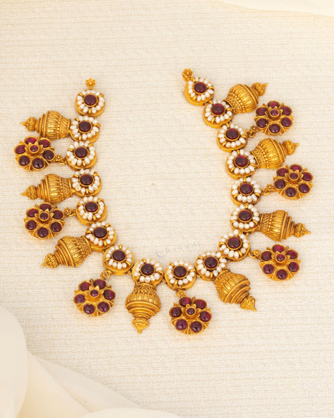 Antique Gold Polish Kemp Ruby And Pearl Floral Temple Motif Necklace