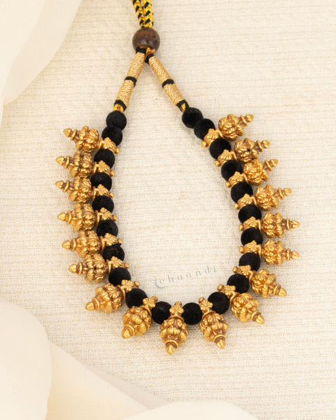 Antique Gold Polish Nakshi Gundu Necklace With Black Beads