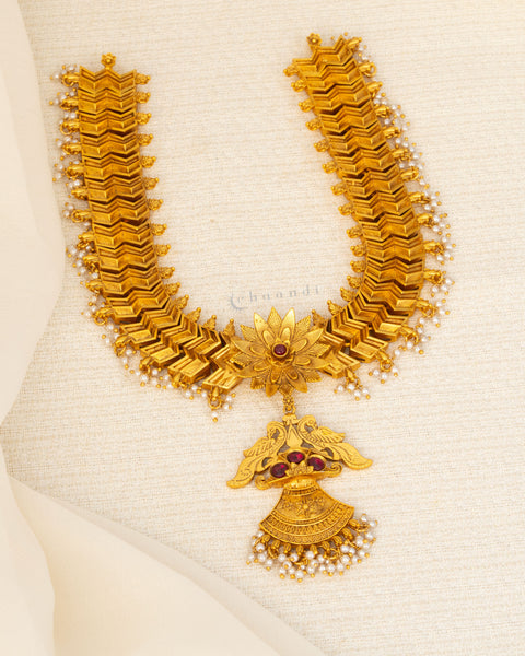 Antique Gold Polish Necklace With Lotus, Ruby Peacock Hanging Long Pendant And Pearl Drops