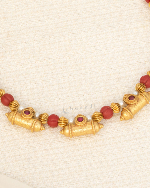 Antique Gold Taweez And Coral Bead Necklace
