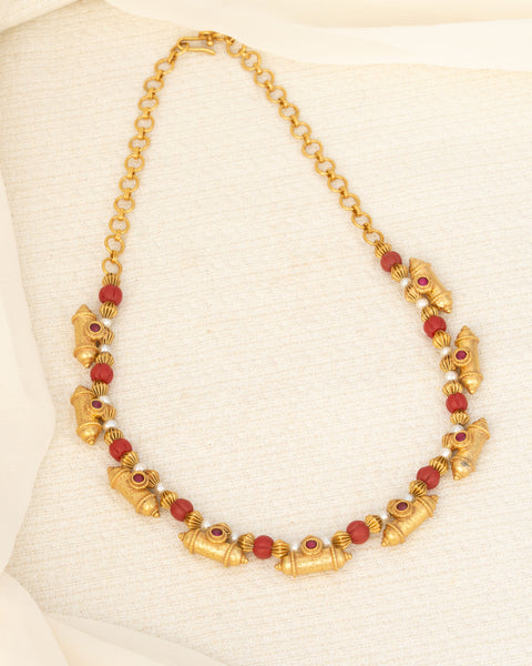 Antique Gold Taweez And Coral Bead Necklace
