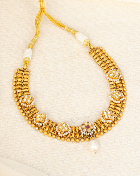 Antique Gold Polish Kundan And Pearl Necklace
