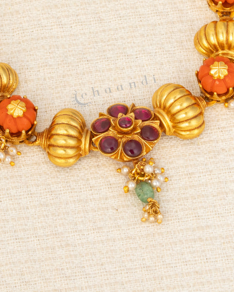Antique Gold Polish Coral And Kemp Stone Necklace.