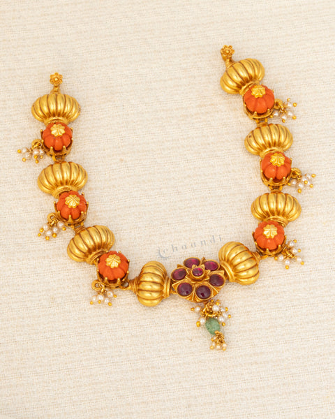 Antique Gold Polish Coral And Kemp Stone Necklace.