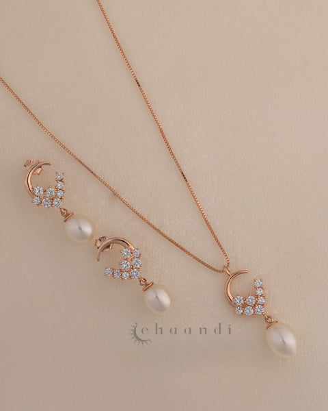 Rose Gold Pendant Chain With Earrings SCE1014