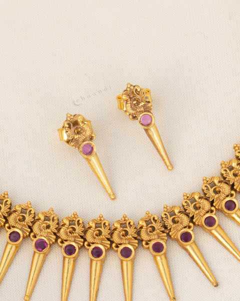 Gold Polish Ruby Stone Spike Necklace Set | 92.5 Silver Temple Jewellery