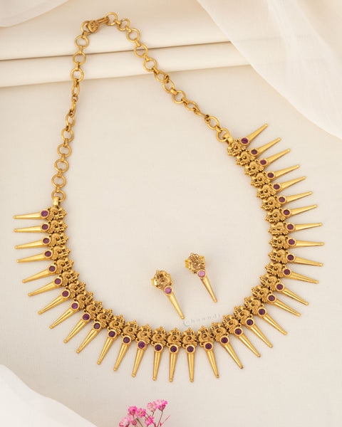 Gold Polish Ruby Stone Spike Necklace Set | 92.5 Silver Temple Jewellery
