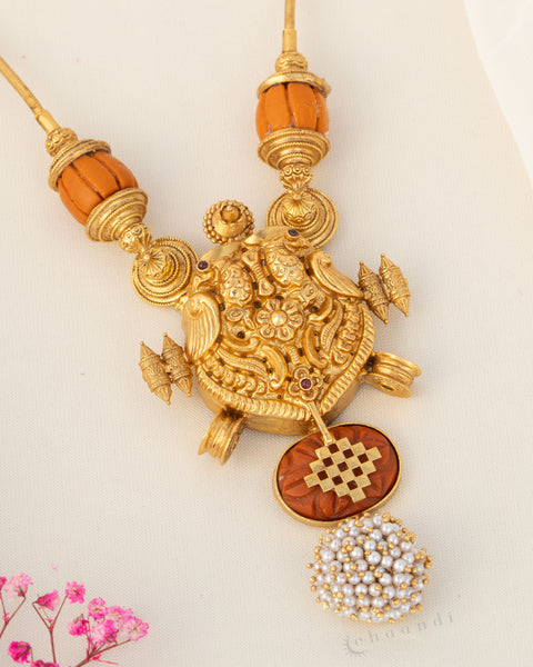 Lakshmi Temple Pendant Necklace Gold Polish | 92.5 Silver Long Haram Jewellery