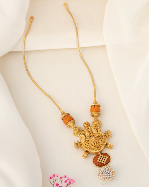 Lakshmi Temple Pendant Necklace Gold Polish | 92.5 Silver Long Haram Jewellery